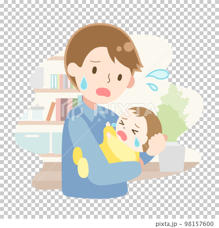 Illustration of a father holding a crying baby Illustration of a father holding a crying baby 98157600