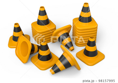 Set of safety helmets or hard hats and traffic cones, road sign on white 98157995