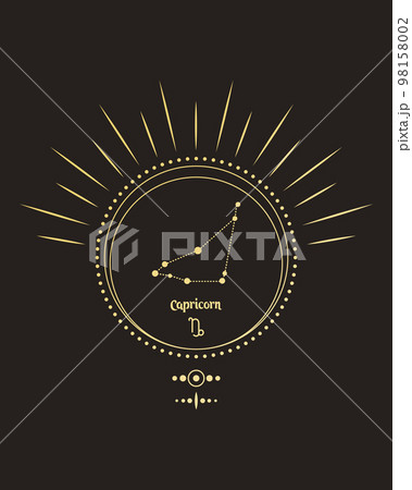 Magical astrology poster with Capricorn constellation, tarot card. Golden design on a black background. Vertical illustration, vector Magical astrology poster with Capricorn constellation, tarot card. Golden design on a black background. Vertical illustration, vector 98158002