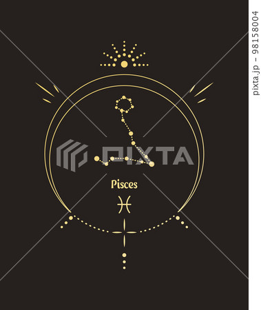 Magic astrology poster with Pisces constellation, tarot card. Golden design on a black background. Vertical illustration, vector Magic astrology poster with Pisces constellation, tarot card. Golden design on a black background. Vertical illustration, vector 98158004