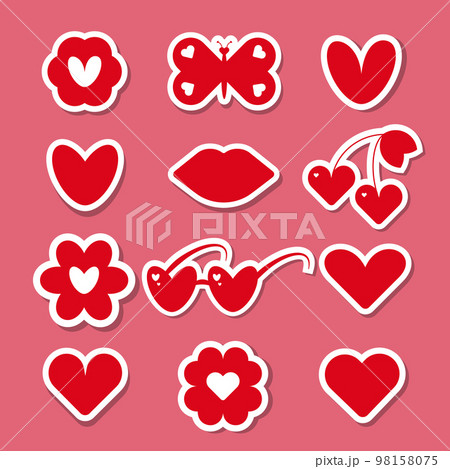 Set of vector love icon stickers. Sticker in the form of lips, hearts, flowers, vector Illustration of romantic stickers Set of vector love icon stickers. Sticker in the form of lips, hearts, flowers, vector Illustration of romantic stickers 98158075