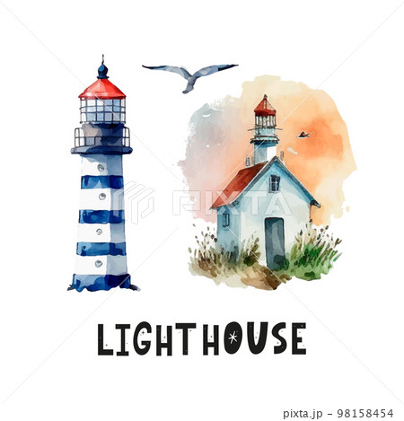 Watercolor lighthouse illustration. Isolated lighthouse and seagulls on white background. Hand drawn artwork. Vector 98158454