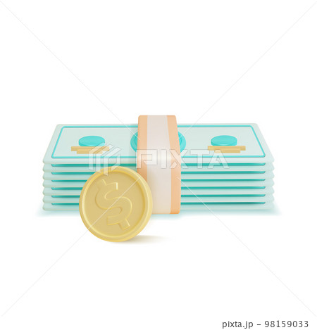 3d Dollar Bill Pack and Coin Plasticine Cartoon Style Isolated on a White Background. Vector illustration 3d Dollar Bill Pack and Coin Plasticine Cartoon Style Isolated on a White Background. Vector illustration 98159033