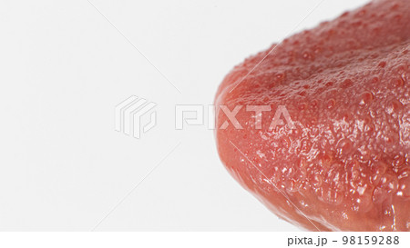 Macro photo of healthy human language. Tongue papillae taste buds and taste. A banner on a white background with space for text. Close up. Macro photo of healthy human language. Tongue papillae taste buds and taste. A banner on a white background with space for text. Close up. 98159288
