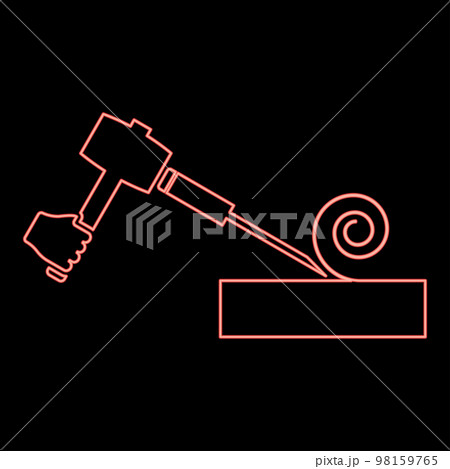 Neon wood hammer with chisel using treatment surface shavings use arm Woodworking tool Workshop planer red color vector illustration image flat style Neon wood hammer with chisel using treatment surface shavings use arm Woodworking tool Workshop planer red color vector illustration image flat style 98159765