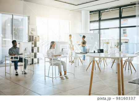 Office, coworking and startup for workers, diversity or focus for digital marketing in New York. Modern office, employee group or team with computer, strategy, or planning in coworking space together 98160337