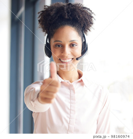 Thumbs up, call center and woman in business portrait success for telemarketing sales, goals and target with like or yes. Contact us, thank you hand sign and customer service or online support agent 98160974