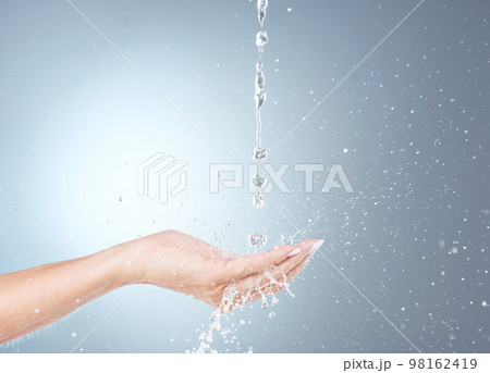 Hand, skincare and water splash for clean skin, hygiene and morning beauty routine mockup. Natural hydration, facial moisturization and liquid refreshment on a gray studio background for advertising Hand, skincare and water splash for clean skin, hygiene and morning beauty routine mockup. Natural hydration, facial moisturization and liquid refreshment on a gray studio background for advertising 98162419