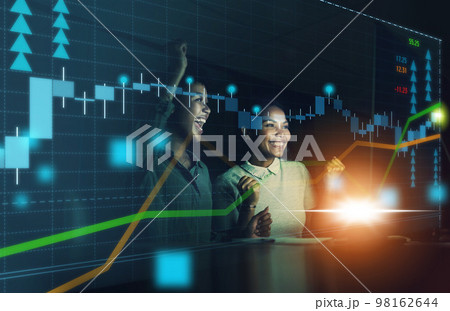 Success, digital and stock market with women growth of financial trading for cryptocurrency, forex or economy. Analytics, investment and chart of future finance marketing with employees and goals 98162644
