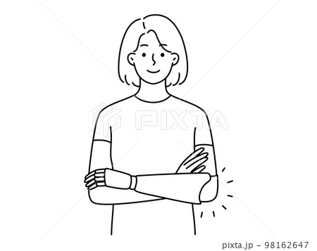 Smiling woman with hand prosthesis  98162647