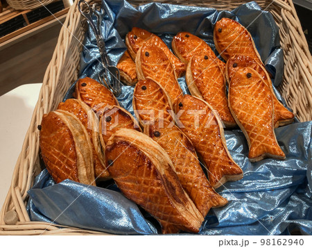 The fishes from puff pastry in the store on April Fool's Day The fishes from puff pastry in the store on April Fool's Day 98162940