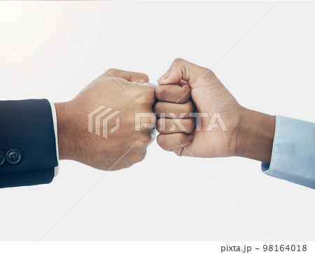 Teamwork, fist bump or corporate partnership for meeting success, support or trust motivation hand zoom. Business men, hands or collaboration for community, planning or team building strategy 98164018