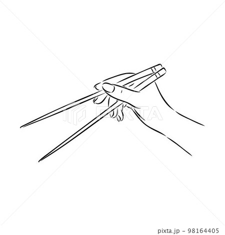 Japanese chopsticks. Hand with Chinese Sticks. Bamboo Chopsticks. Asian cuisine. Vector flat outline icon illustration isolated on white background. 98164405