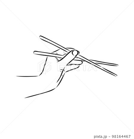 Japanese chopsticks. Hand with Chinese Sticks. Bamboo Chopsticks. Asian cuisine. Vector flat outline icon illustration isolated on white background. 98164467