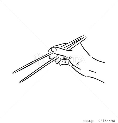 Japanese chopsticks. Hand with Chinese Sticks. Bamboo Chopsticks. Asian cuisine. Vector flat outline icon illustration isolated on white background. Japanese chopsticks. Hand with Chinese Sticks. Bamboo Chopsticks. Asian cuisine. Vector flat outline icon illustration isolated on white background. 98164498