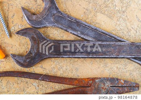 Old rusty wrenches. Made in USSR. Grunge tool. Quality mark. 98164878