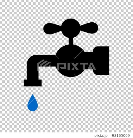 水が出ている水道蛇口のシルエットアイコン。ベクター。 98165009