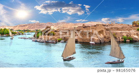 Famous sailboats with Nile River scenery, panoramic view of the Aswan, Egypt 98165076