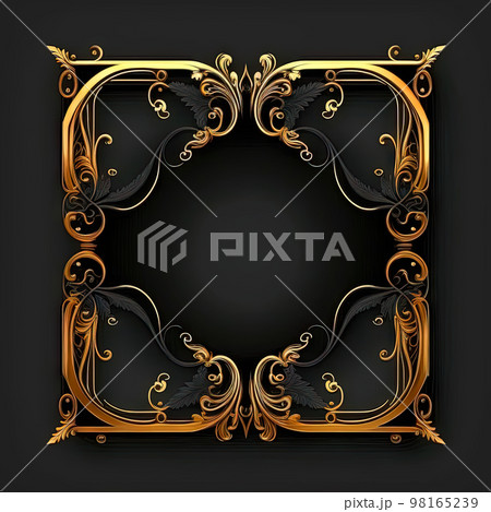 Golden ornamental frame on black bakcground. Retro golden frame with vintage ornament. Generative AI. 98165239