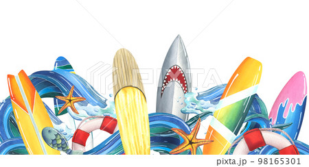 Surfboards with waves of the sea, ocean, lifebuoys and starfish. Watercolor illustration. A template from the SURFING collection. For the design, design of information, advertising, summer and beach. 98165301