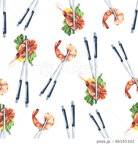 Boiled shrimp, lemon with chopsticks. Watercolor illustration. Seamless pattern on a white background from the SHRIMP collection. For decoration, design of packaging, menus, recipes, kitchen utensils. 98165302