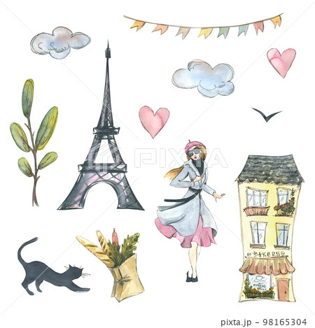 Eiffel Tower, Parisian, a house, a baguette and groceries, a black cat, a tree, clouds, hearts and a garland of flags. Watercolor illustration. a set from the PARIS collection. For the design 98165304