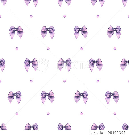 Lilac, satin bows, cute. Watercolor illustration. Seamless pattern on a white background from the LAVENDER SPA collection. For decoration, design of fabrics, wallpaper, textiles, packaging paper 98165305