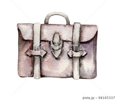 Watercolor illustration of an old pink leather bag. An old rusty enamel element. Hand-drawn in watercolour on a white background. Perfect for wedding invitation, greetings card, posters. Watercolor illustration of an old pink leather bag. An old rusty enamel element. Hand-drawn in watercolour on a white background. Perfect for wedding invitation, greetings card, posters. 98165337