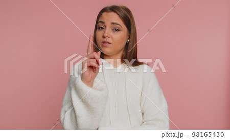 Displeased upset young woman reacting to unpleasant awful idea, dissatisfied with bad quality, No 98165430