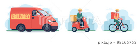 Online delivery service concept, safe quarantine. A courier in a medical mask on a bicycle, a moped and a cargo van for delivery. Set of vector illustrations flat, transport, red 98165755