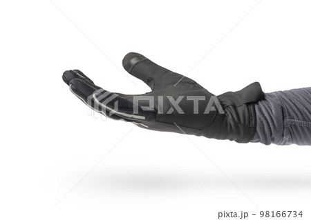 Hand in a glove of a cyclist or motorcyclist. Hand in a black glove isolated on a white background, located palm up Hand in a glove of a cyclist or motorcyclist. Hand in a black glove isolated on a white background, located palm up 98166734