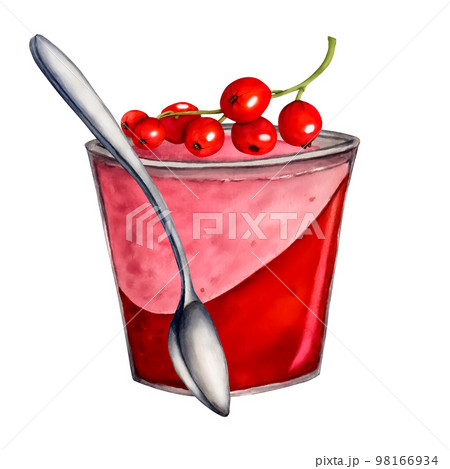 Watercolor yogurt with currant berries isolated on white background. Hand drawn illustration. Clip art berry. Jar with jelly,dessert, yogurt. Viva Magenta color. 98166934