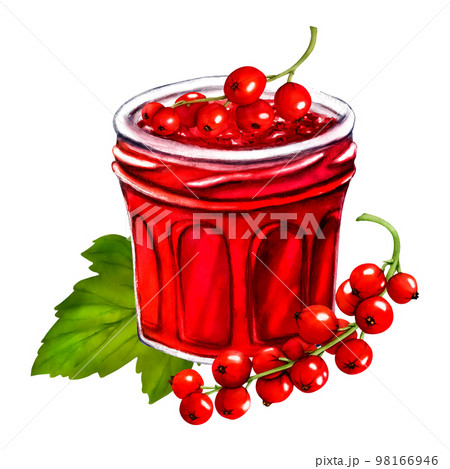 Watercolor jar with jelly isolated on white background. Hand drawn illustration. Clip art berry branches. Viva Magenta color. Watercolor jar with jelly isolated on white background. Hand drawn illustration. Clip art berry branches. Viva Magenta color. 98166946