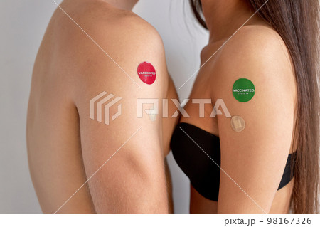 Cropped unrecognizable couple showing COVID-19 vaccine on arm, coronavirus Cropped unrecognizable couple showing COVID-19 vaccine on arm, coronavirus 98167326