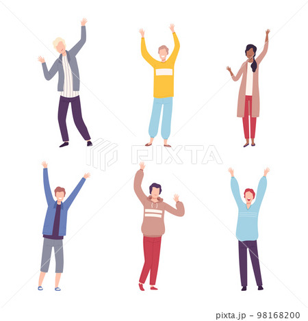 Joyful people celebrating win or goal achievement set. Male and female characters standing with their hands raised flat vector illustration 98168200