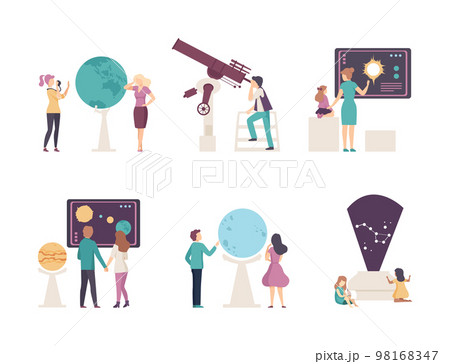Exhibition visitors having excursion at planetarium. People looking at celestial space objects, planets and stars of Solar system cartoon vector illustration 98168347