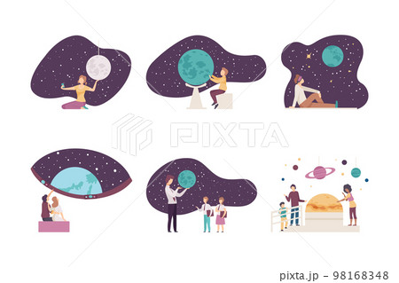 Exhibition visitors having excursion at planetarium. School children looking at educational planet exhibits cartoon vector illustration 98168348