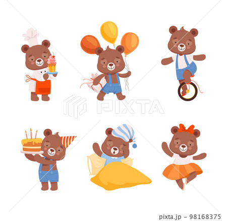 Cute baby character in differents activities set. Funny bear cooking, celebrating holiday, riding unicycle, sleeping cartoon vector illustration Cute baby character in differents activities set. Funny bear cooking, celebrating holiday, riding unicycle, sleeping cartoon vector illustration 98168375