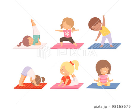 Set of little boys and girls practicing different asanas. Early development and healthy lifestyle cartoon vector illustration Set of little boys and girls practicing different asanas. Early development and healthy lifestyle cartoon vector illustration 98168679