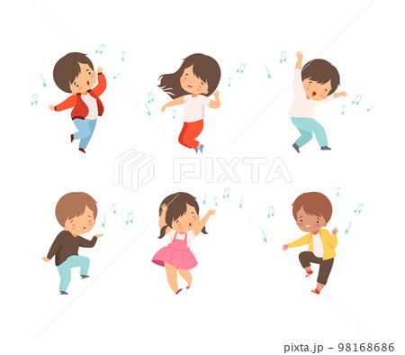 Little children listening to music, singing and dancing set. Cute boys and girls happily jumping cartoon vector illustration Little children listening to music, singing and dancing set. Cute boys and girls happily jumping cartoon vector illustration 98168686