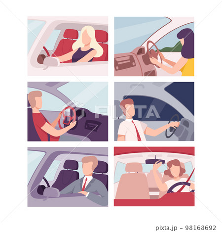 People inside car set. Male and female drivers characters driving car flat vector illustration People inside car set. Male and female drivers characters driving car flat vector illustration 98168692