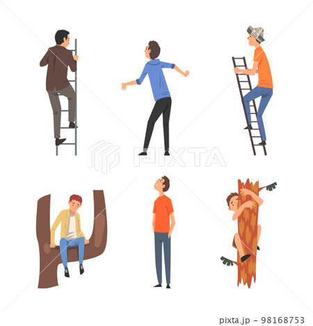 Falling down people set. Male characters falling down from ladder and dropping from altitude cartoon vector illustration isolated on white. 98168753