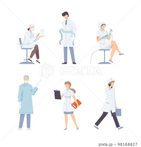 Set of doctors characters in uniform. Medical staff making examination and treatment procedures during work flat vector illustration Set of doctors characters in uniform. Medical staff making examination and treatment procedures during work flat vector illustration 98168827