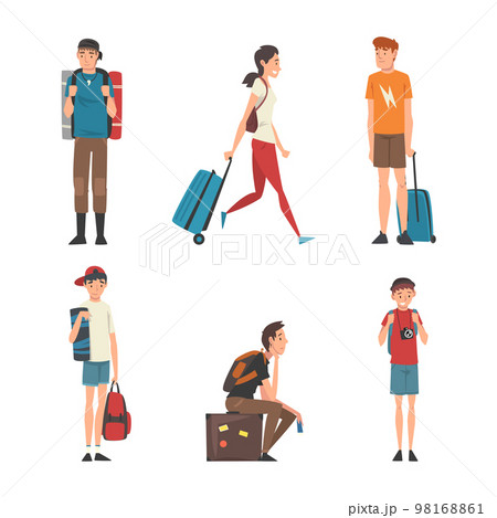 People traveling on vacation set. Male and female characters with suitcases having trip cartoon vector illustration 98168861