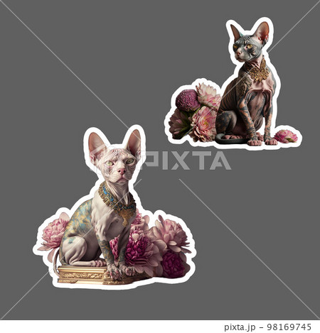 Sticker of sphynx cat painted with tattoo and flower around Sticker of sphynx cat painted with tattoo and flower around 98169745