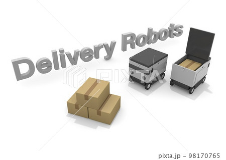 自動で配達するロボット。機械が無人で荷物を配達する。段ボールと自動配達ロボット。 98170765