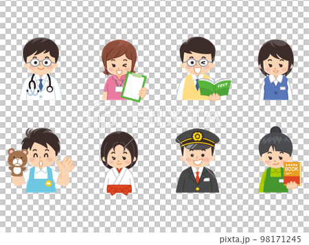 働く人々　医師　スポーツトレーナー　教師　オフィスレディ　保育士　巫女　運転士　本屋 98171245
