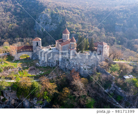 View from drone of Motsameta Monastery complex on rock, Georgia View from drone of Motsameta Monastery complex on rock, Georgia 98171399