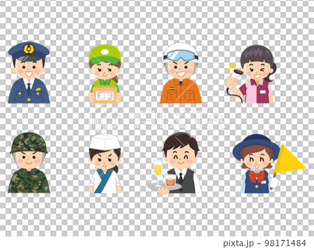 働く人々 警察官 宅配便 レスキュー隊員 コンビニ店員 陸上自衛官 板前 ウェイター バスガイド 働く人々 警察官 宅配便 レスキュー隊員 コンビニ店員 陸上自衛官 板前 ウェイター バスガイド 98171484