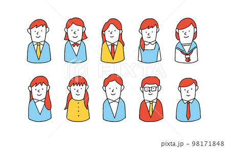 いろんな学校の制服を着た学生　手描きのイラストアイコンセット 98171848